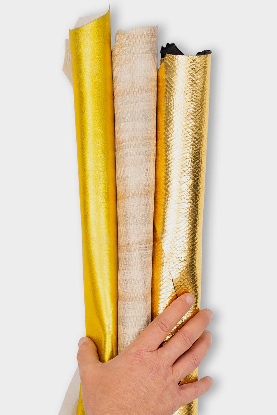 Pack of 3 gold METALLIC leather skins, smooth or printed SPARKLE goatskins, soft materials for crafters B19511-MT(st) La Garzarara
