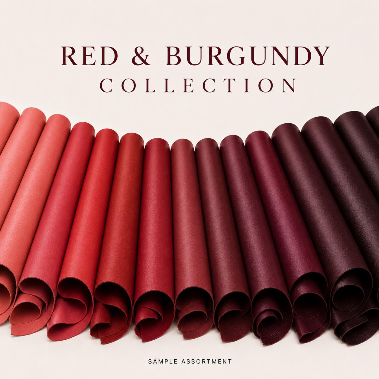 Red and Burgundy leather collection, genuine leather hides, smooth and pebbled, calfskin, lambskin and goatskin, textures for bags and DIY