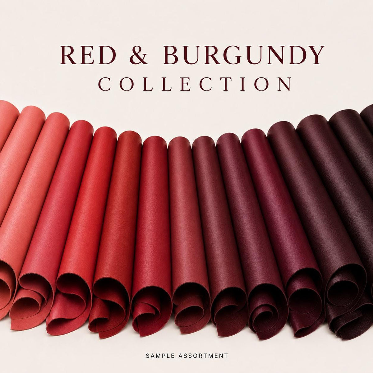 Red and Burgundy leather collection, genuine leather hides, smooth and pebbled, calfskin, lambskin and goatskin, textures for bags and DIY