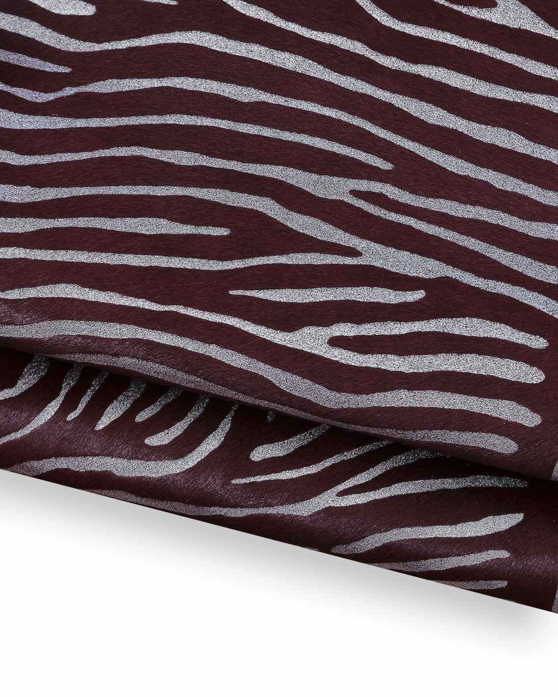 Zebra textured CAVALLINO hair on leather hide, burgundy SILVER animal printed cowhide, pony calfskin for diy projects B18374-cv La Garzarara