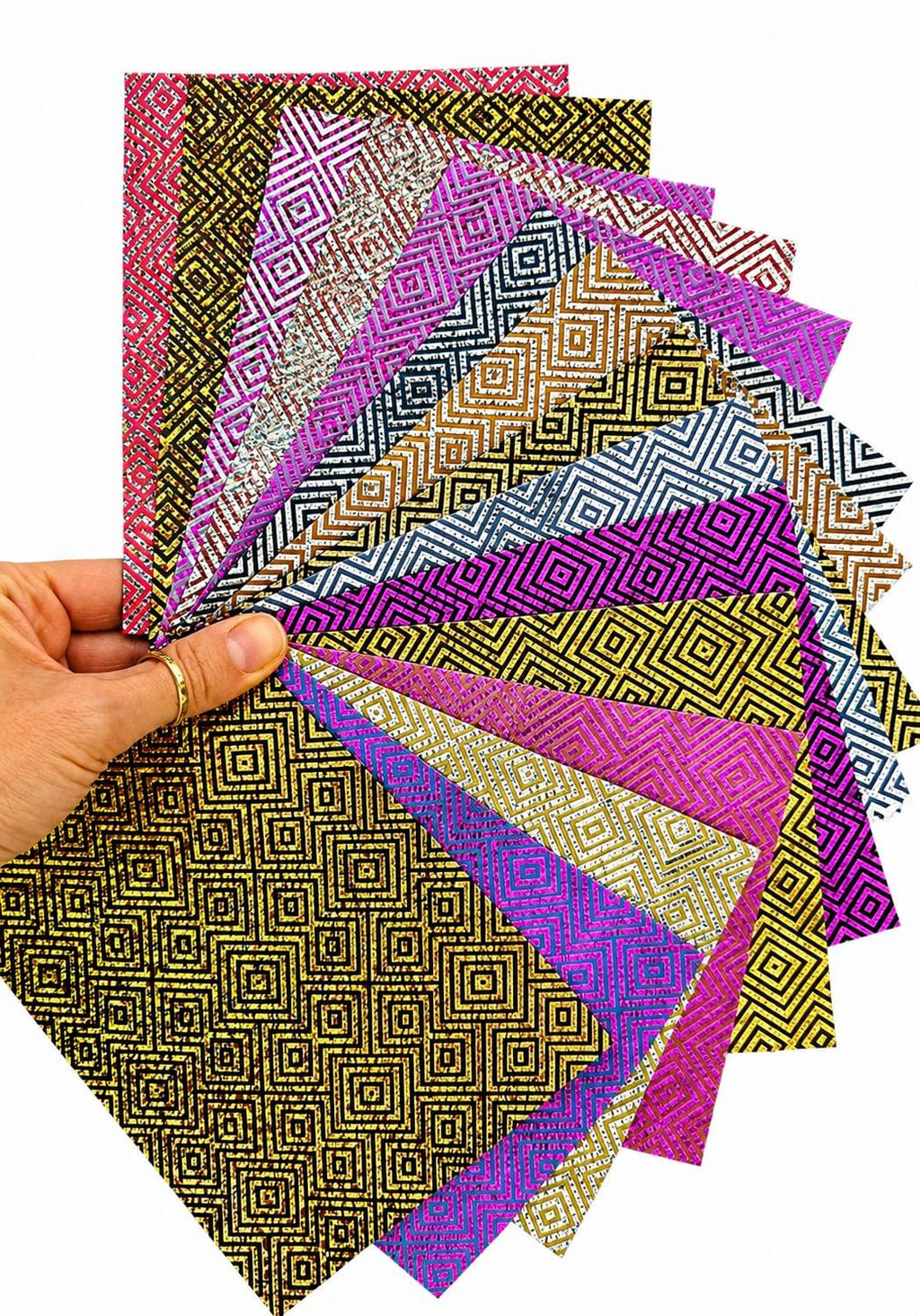 Geometric Leather Scraps, Metallic Foil Pattern Offcuts, Colorful Diamond Print Leather Pieces 6x5" / 15x12 cm RT263