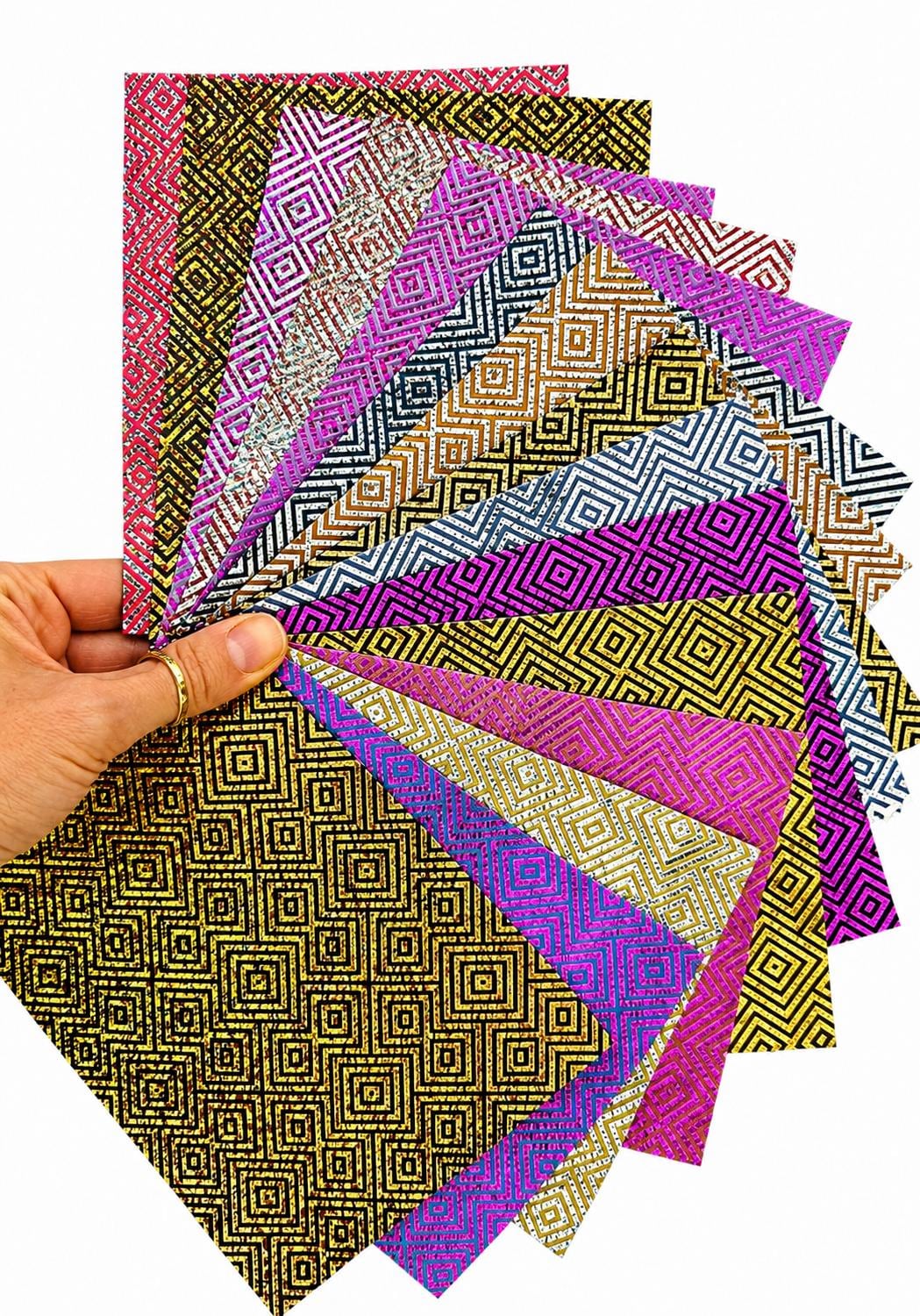 Geometric Leather Scraps, Metallic Foil Pattern Offcuts, Colorful Diamond Print Leather Pieces 6x5" / 15x12 cm RT263