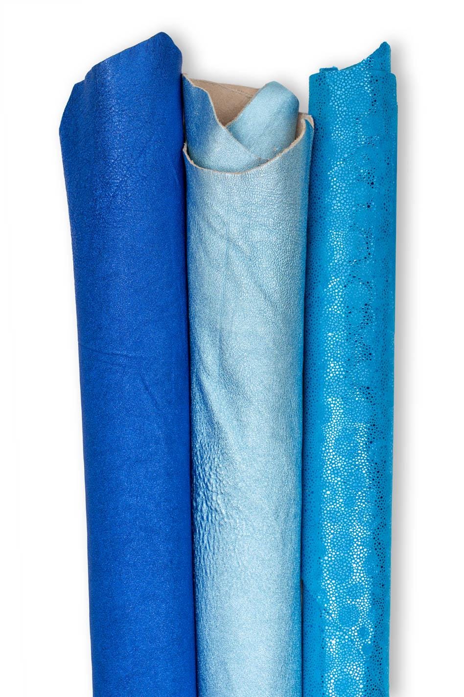 Pack of 3 light BLUE - bluette leather skins, smooth METALLIC and textured goatskins, soft bright materials B19527-MT(st) La Garzarara