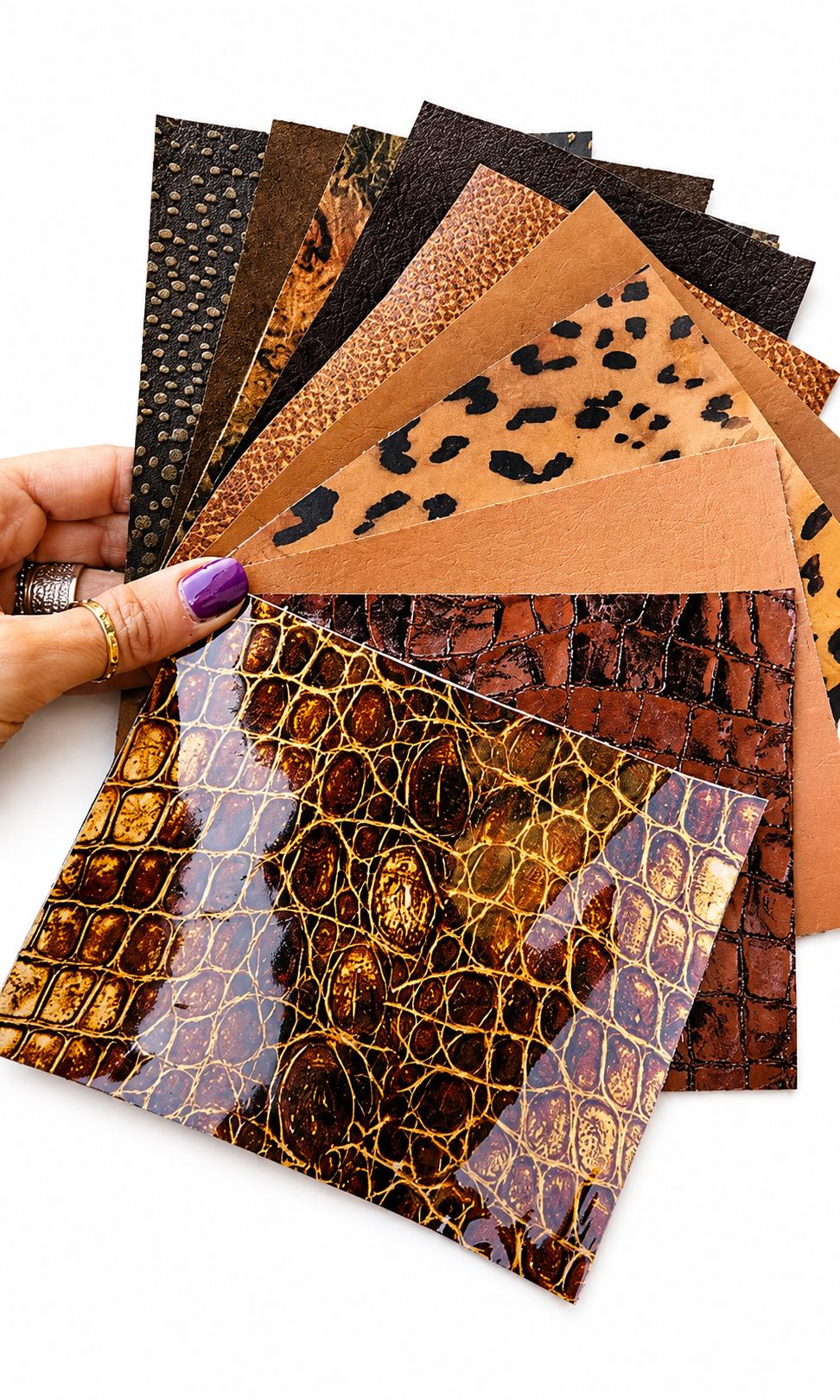 Cognac Brown Leather Pieces, Assorted Crocodile Print Scraps, Reptile Pattern Remnants and Bronze Offcuts RT270