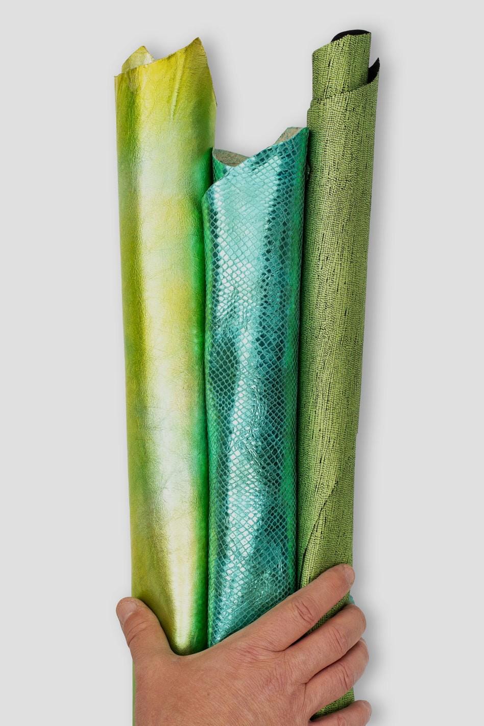 Set of 3 green METALLIC leather skins, shaded and REPTILE printed goatskins as per pictures, ideal for carfters B19510-MT(st) La Garzarara