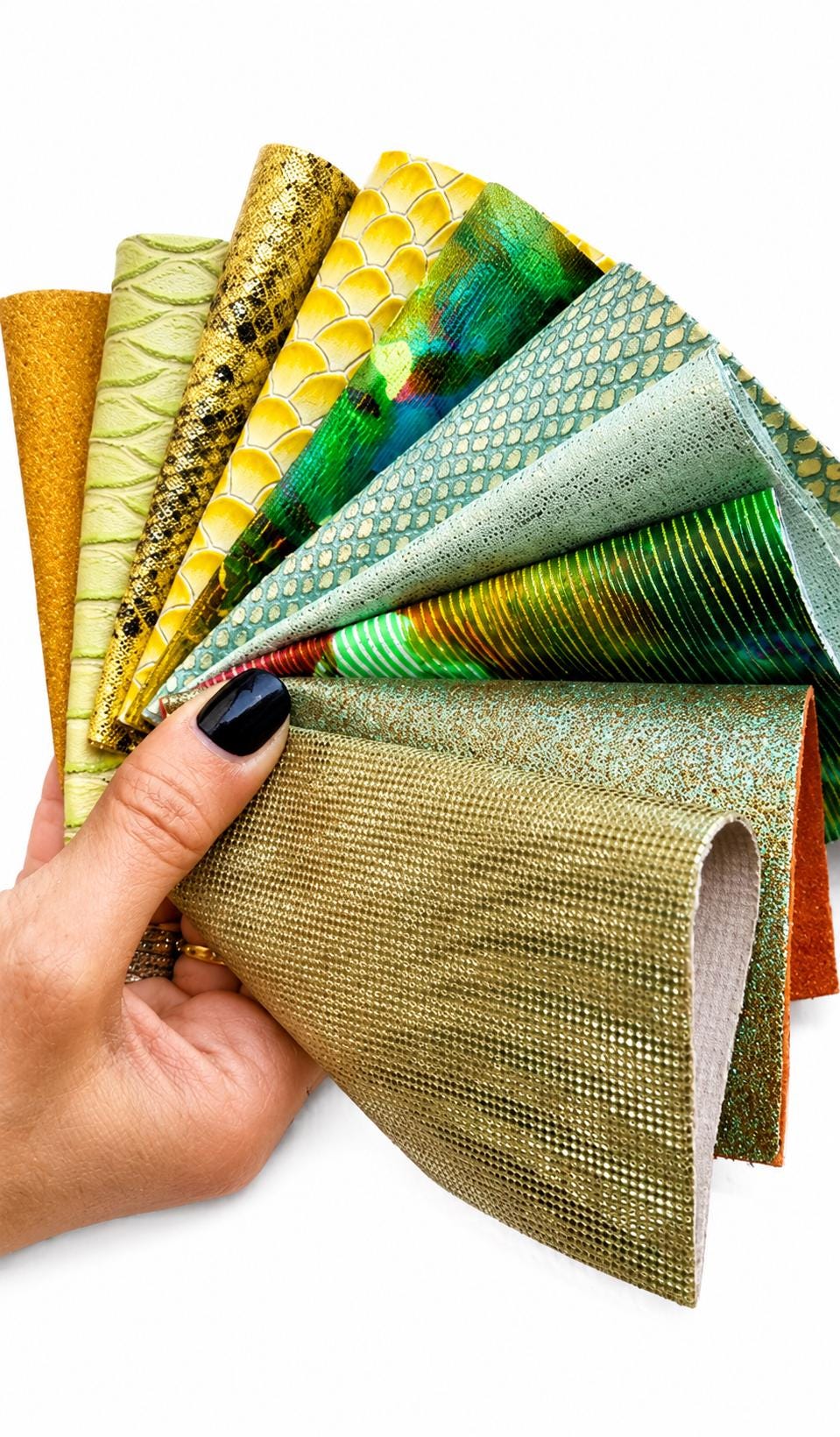 Green Yellow Leather Scraps, Gold Reptile Offcuts, Metallic Snake Textured Pieces for Jewelry and Crafts R102