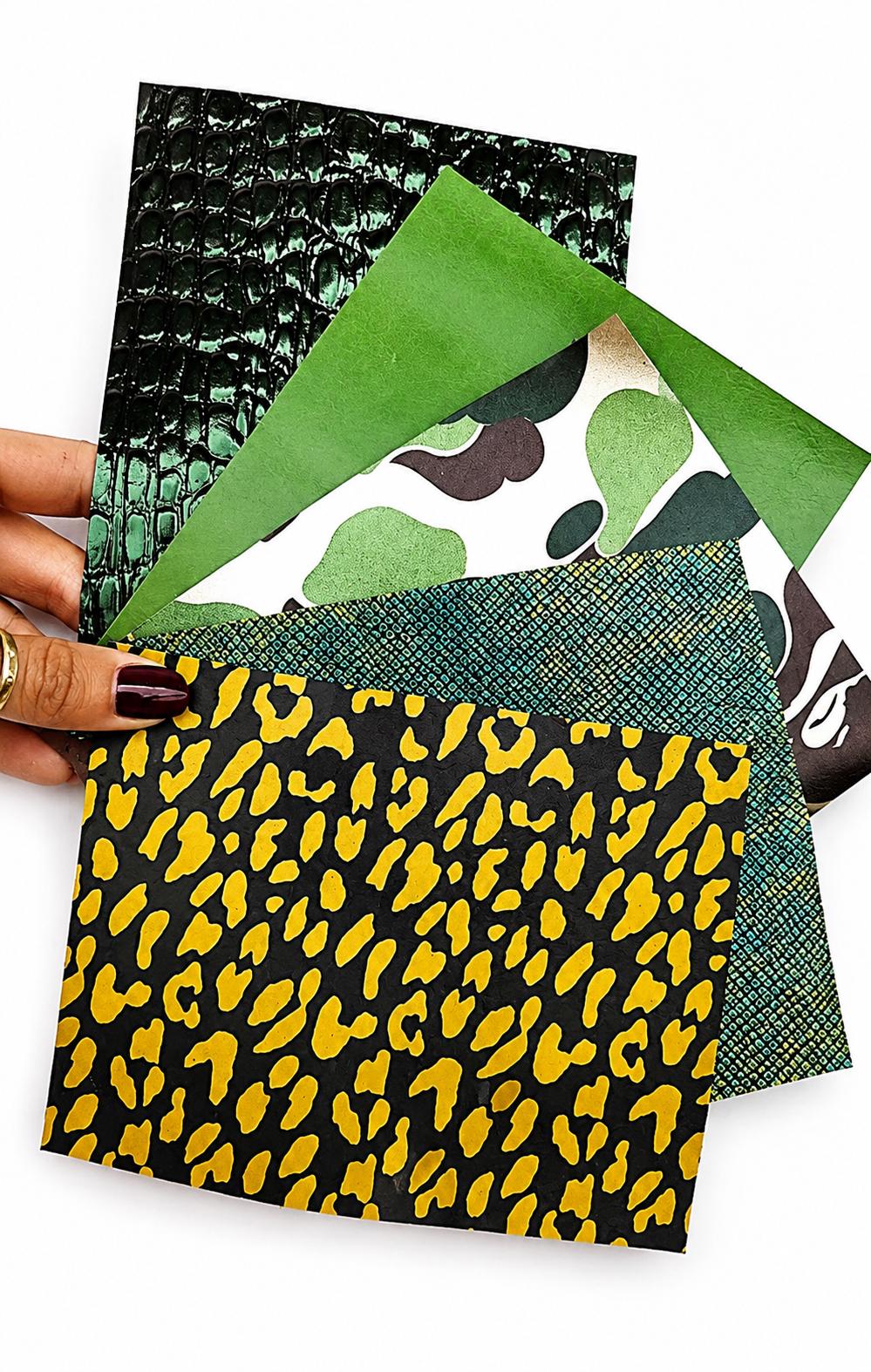 Wild Green Leather Remnants, Yellow Leopard Scraps, Emerald Croc and Camo Craft Pieces RT225 La Garzarara