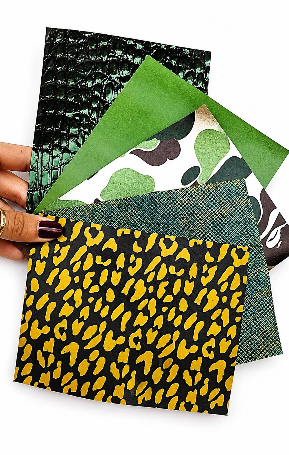 Wild Green Leather Remnants, Yellow Leopard Scraps, Emerald Croc and Camo Craft Pieces RT225 La Garzarara