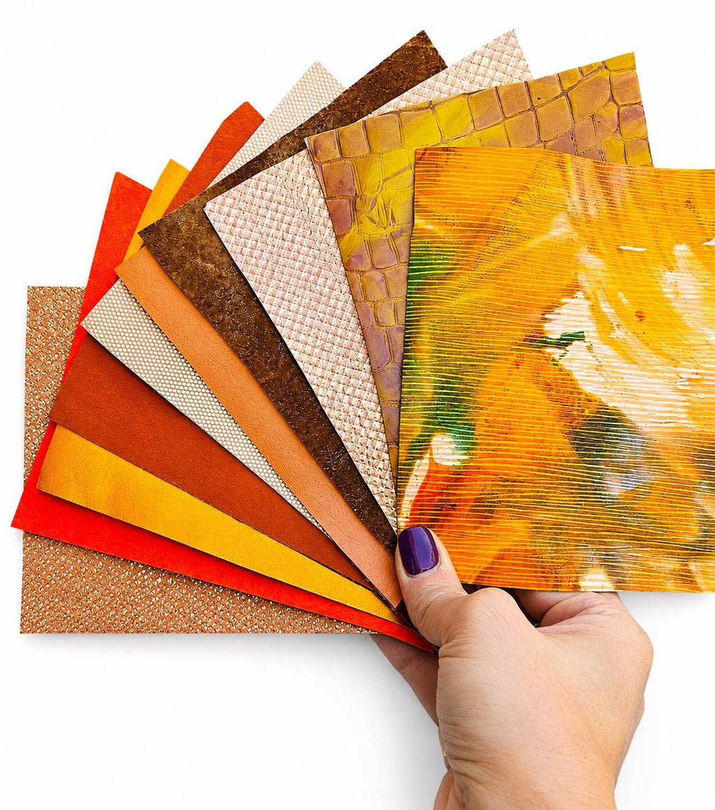 10 Variety Orange leather scraps, printed and metalic leather cut, textured metallic Offcuts RT268 La Garzarara