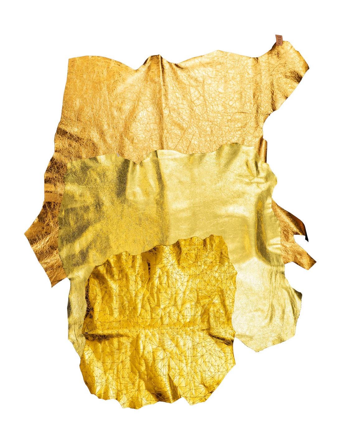 Bundle of 3 yellow GOLD leather skins, metallic embossed goatskins, soft materials assorted as per picture B18990-MT(st) La Garzarara