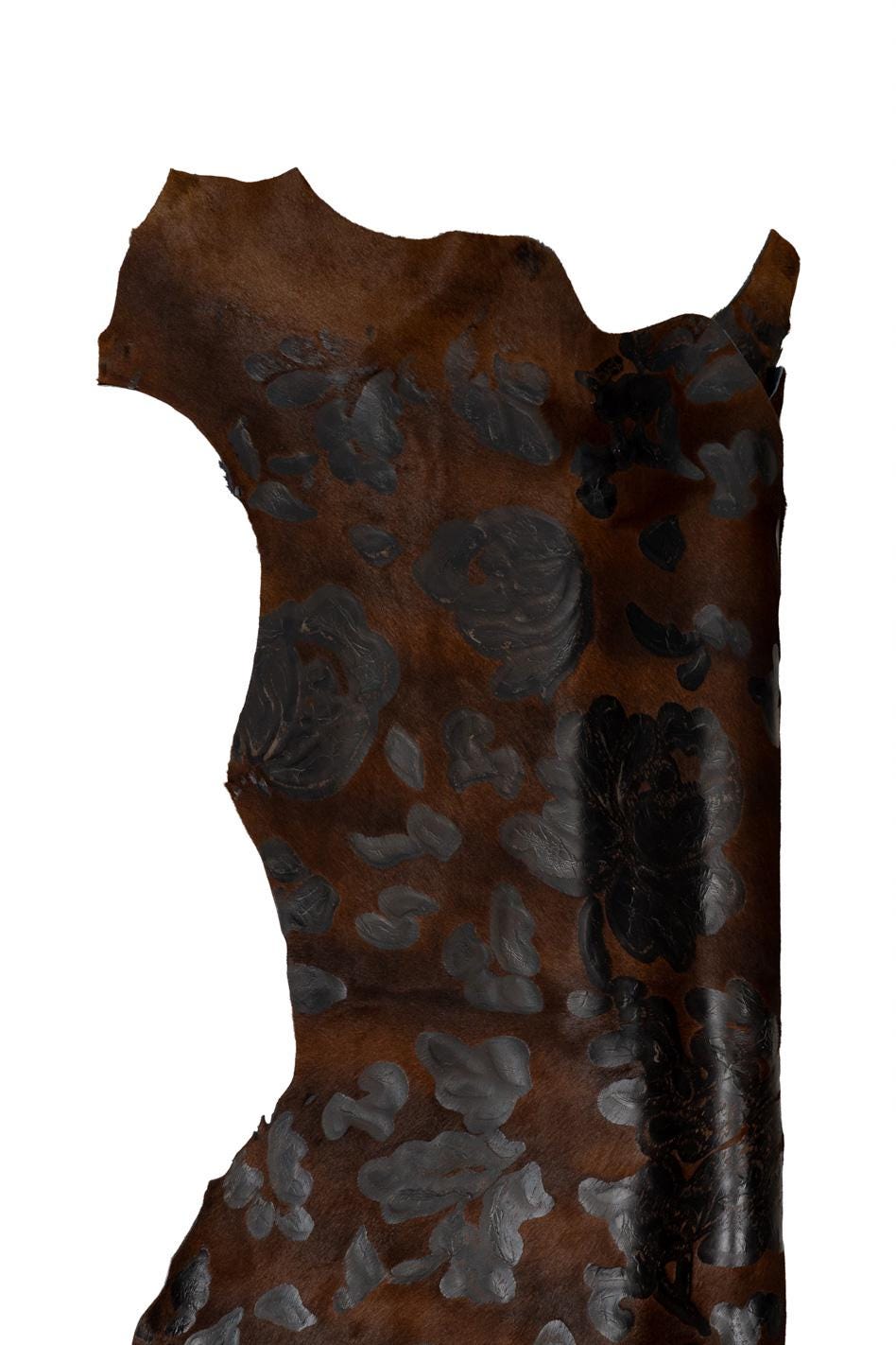 FLORAL textured hair on leather hide, black flower print on brown PONY calfskin, soft hairy cowhide for crafters B19691-CV La Garzarara