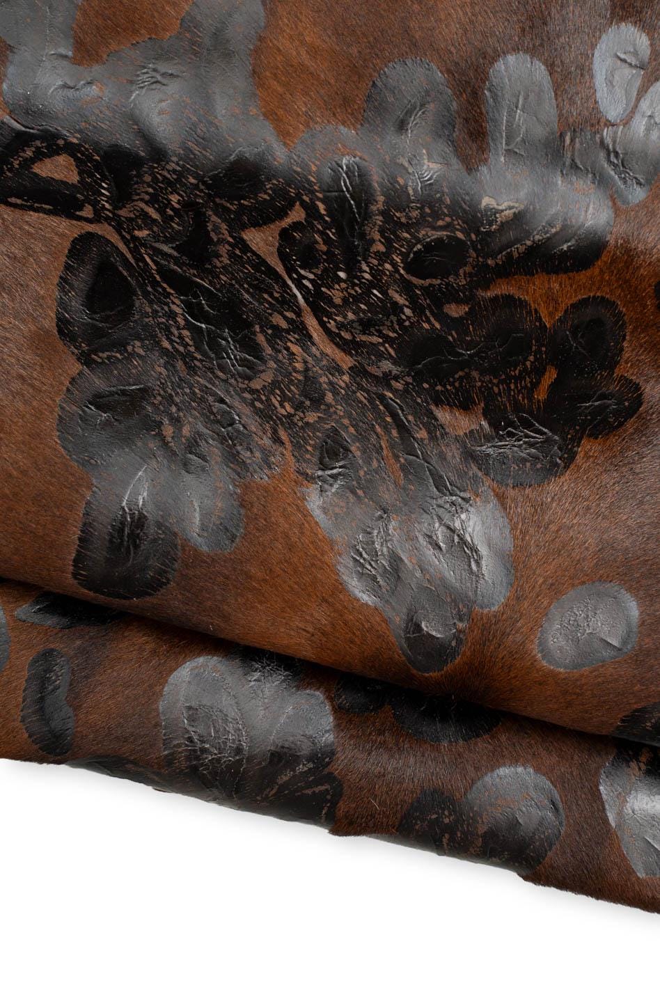FLORAL textured hair on leather hide, black flower print on brown PONY calfskin, soft hairy cowhide for crafters B19691-CV La Garzarara