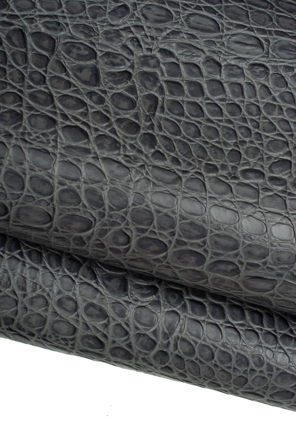 Grey CROCODILE embossed leather hide, alligator printed glossy cowhide, animal pattern on calfskin, for crafters B19609-ST La Garzarara