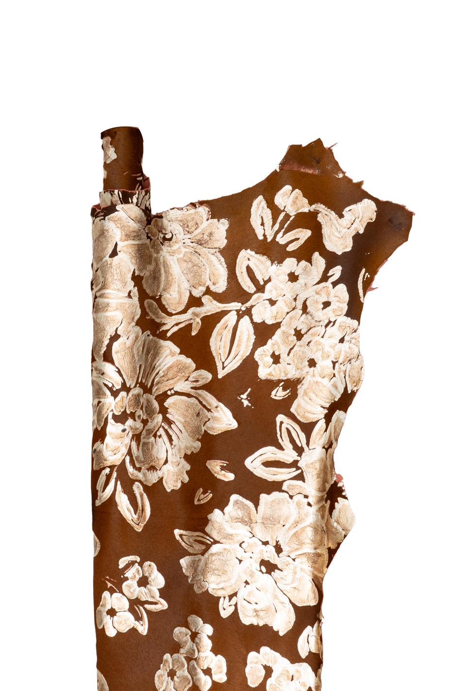 FLORAL textured hair on leather hide, light gold flower print on brown PONY calfskin, soft hairy cowhide for crafters B19690-CV LaGarzarara
