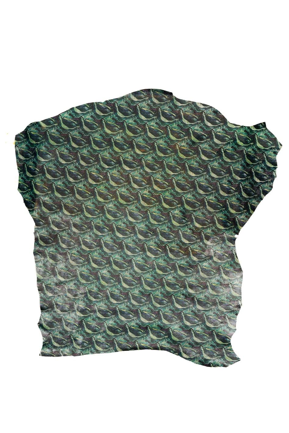 Green TEXTURED leather skin, abstract printed goatskin, THIN soft material for diy projects B19653-ST La Garzarara