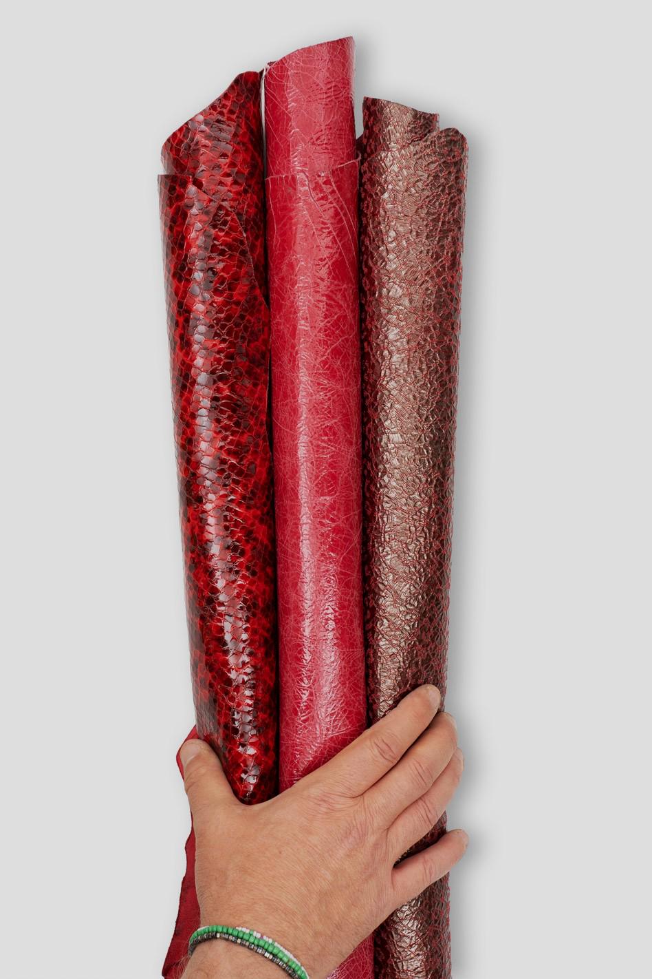 WHOLESALE Leather skins - pack of 3 RED leather skins, crackle and python printed goatskins, as per picture B19505-ST La Garzarara