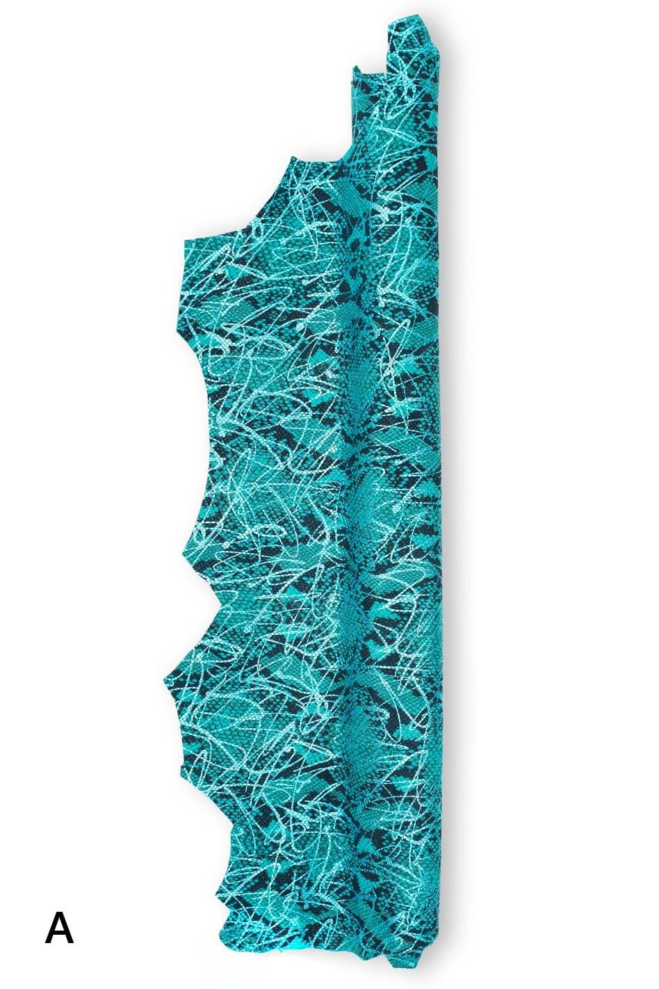 PYTHON textured leather skin, green, yellow, blue reptile printed goatskin with metallic pattern, soft SNAKESKIN B19490-MT(st) La Garzarara
