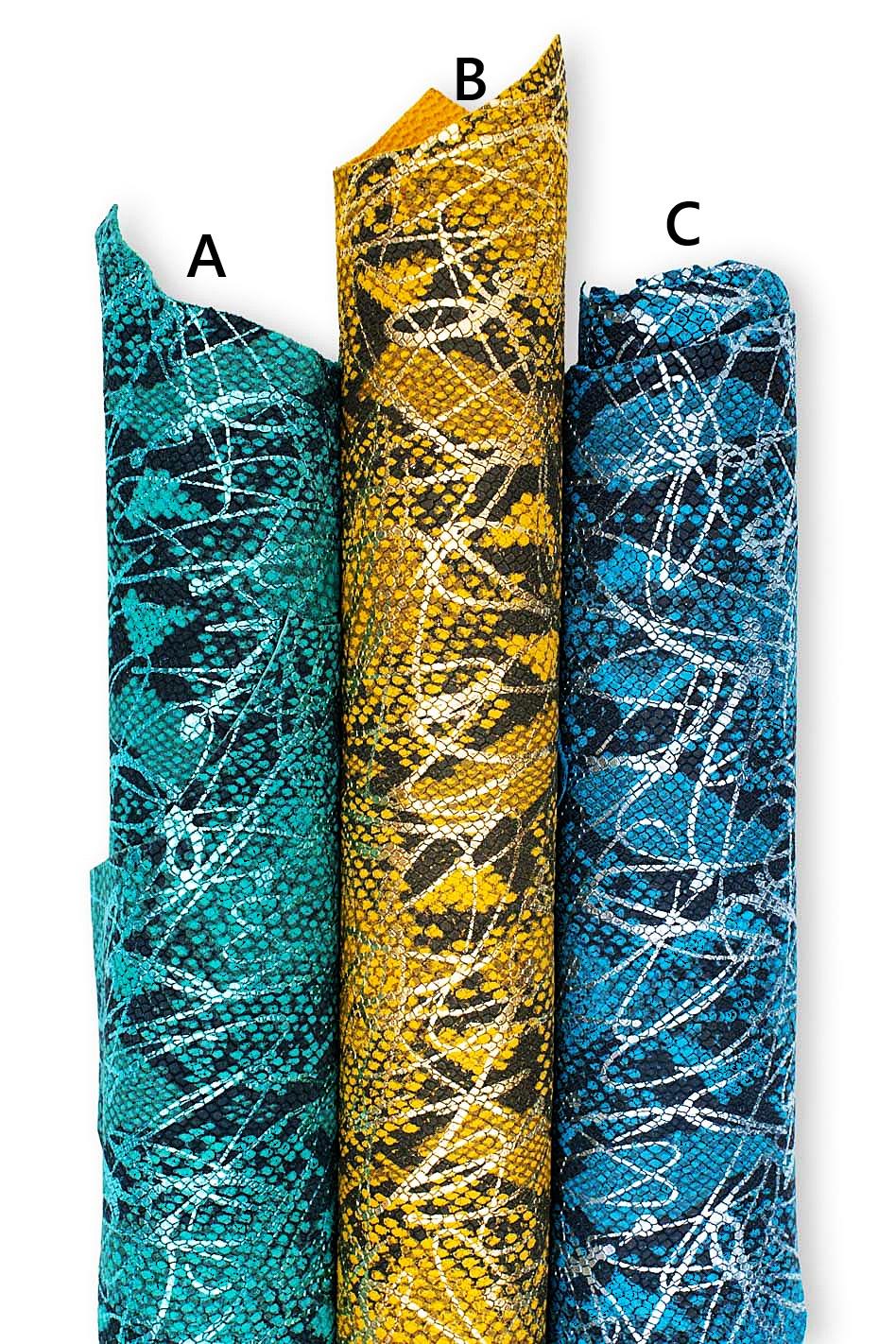 PYTHON textured leather skin, green, yellow, blue reptile printed goatskin with metallic pattern, soft SNAKESKIN B19490-MT(st) La Garzarara