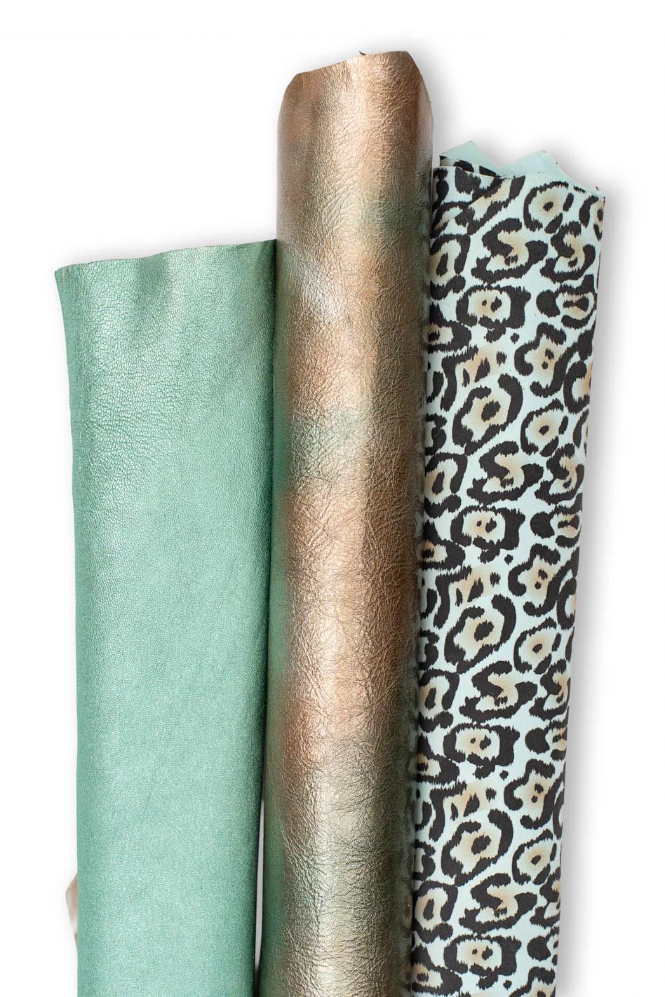 Pack of 3 light BLUE - turquoise leather skins, smooth METALLIC and textured goatskins, soft bright materials B19508-MT(st) La Garzarara
