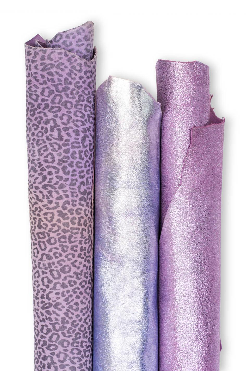 Bundle of 3 high quality goatskins: 1 purple and 1 silver metallic goatskin matching to 1 lilac leopard suede skin B18305-MT(st)