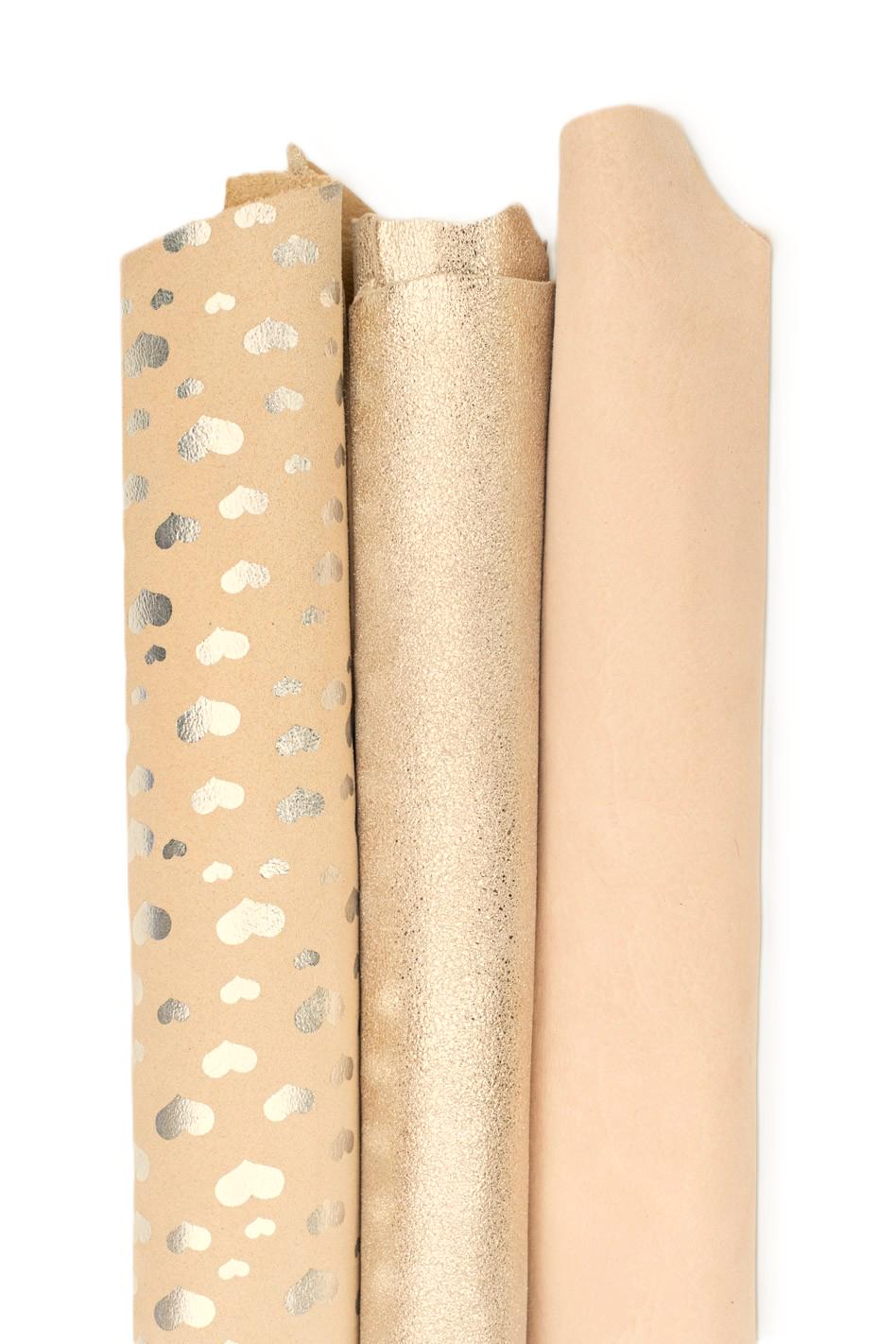 LUXURY leather BUNDLE, 3 skins leather pack, beige - light gold tones, heart crackle - glitter patterns - hides for crafting B19539-MT(st)