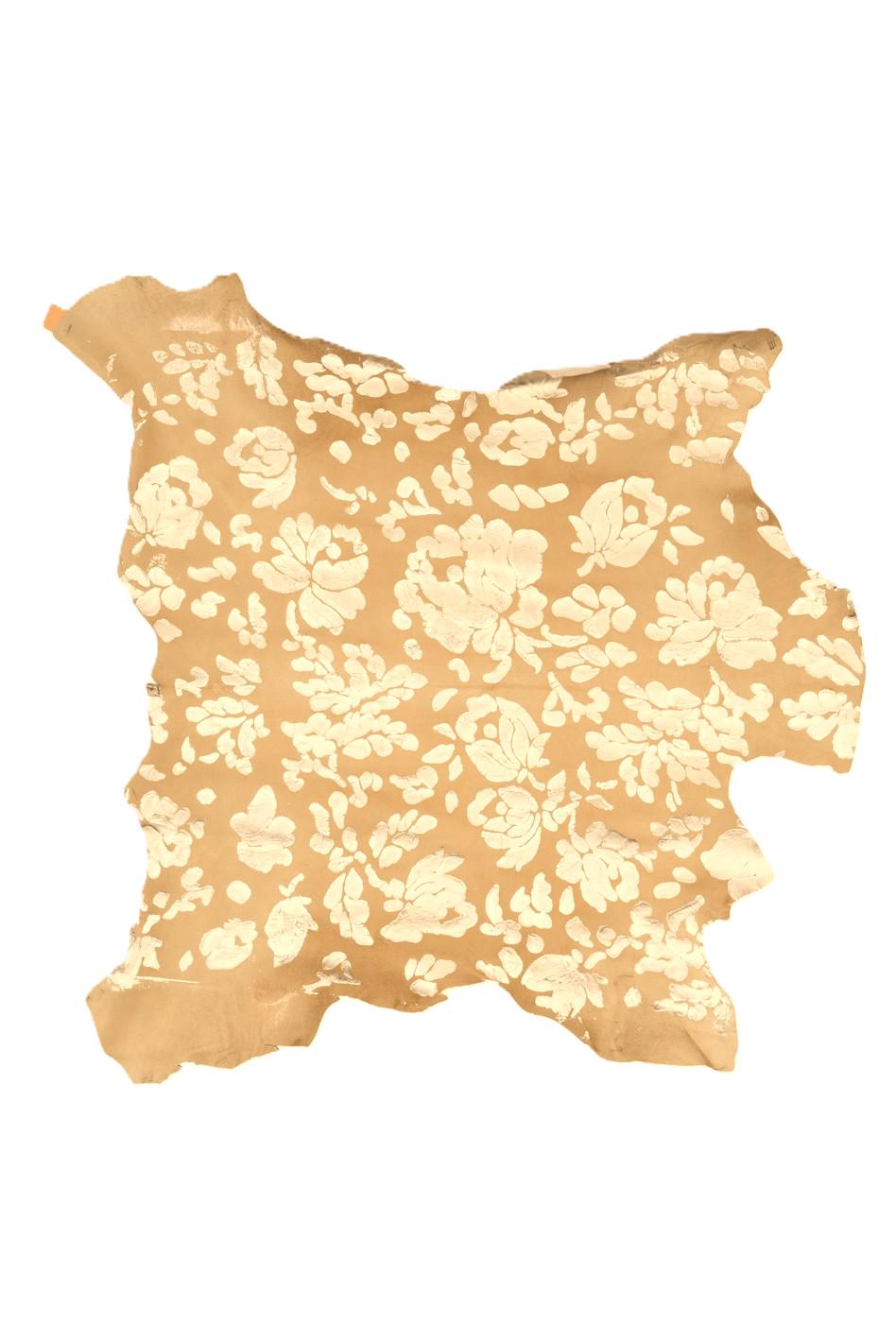 FLORAL textured hair on leather hide, light gold flower print on beige PONY calfskin, soft hairy cowhide for crafters B19689-CV LaGarzarara