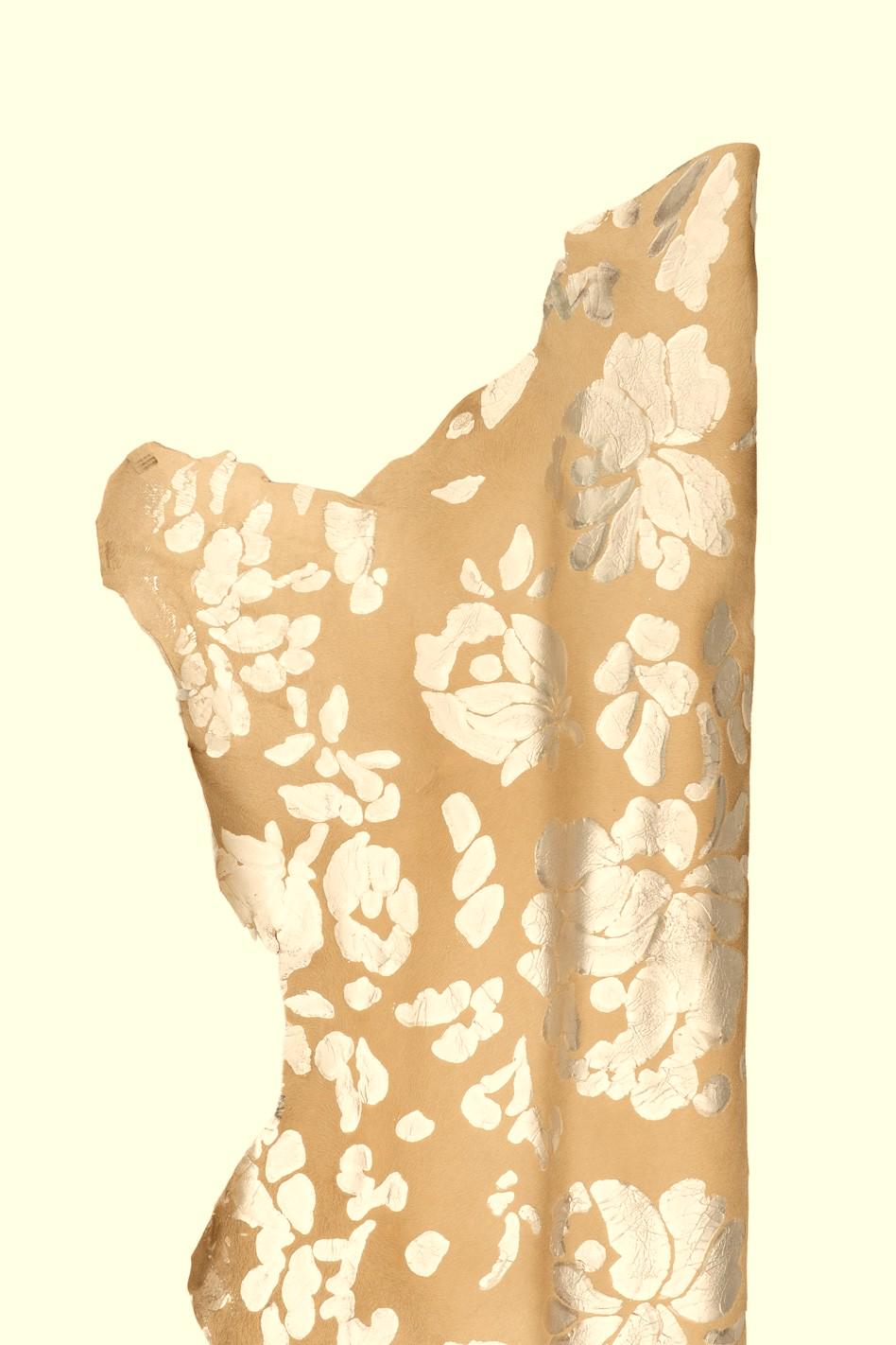 FLORAL textured hair on leather hide, light gold flower print on beige PONY calfskin, soft hairy cowhide for crafters B19689-CV LaGarzarara