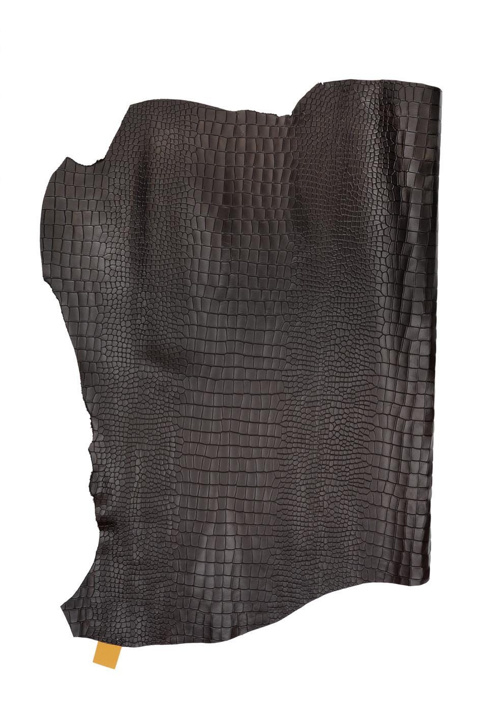 Dark brown CROCODILE embossed leather hide, alligator printed cowhide, soft calfskin for crafting creations B19614-ST La Garzarara