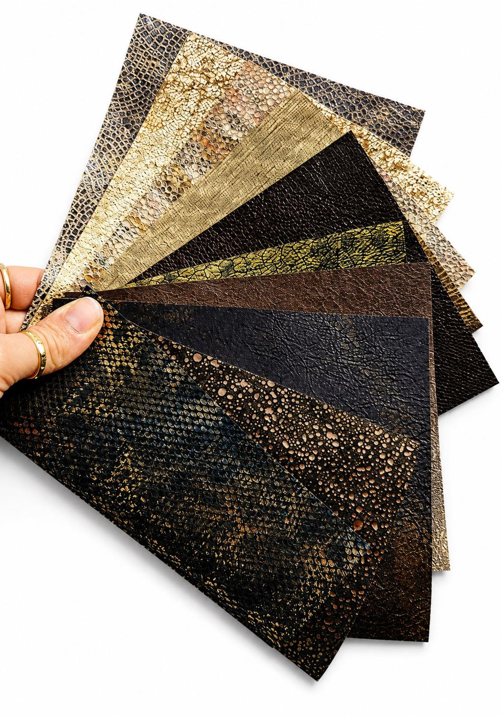 Gold Bronze Leather Scraps, Black and Brown Selected Remnants, Exotic Textures Metallic Prints and Special Finishes as per pictures RT205