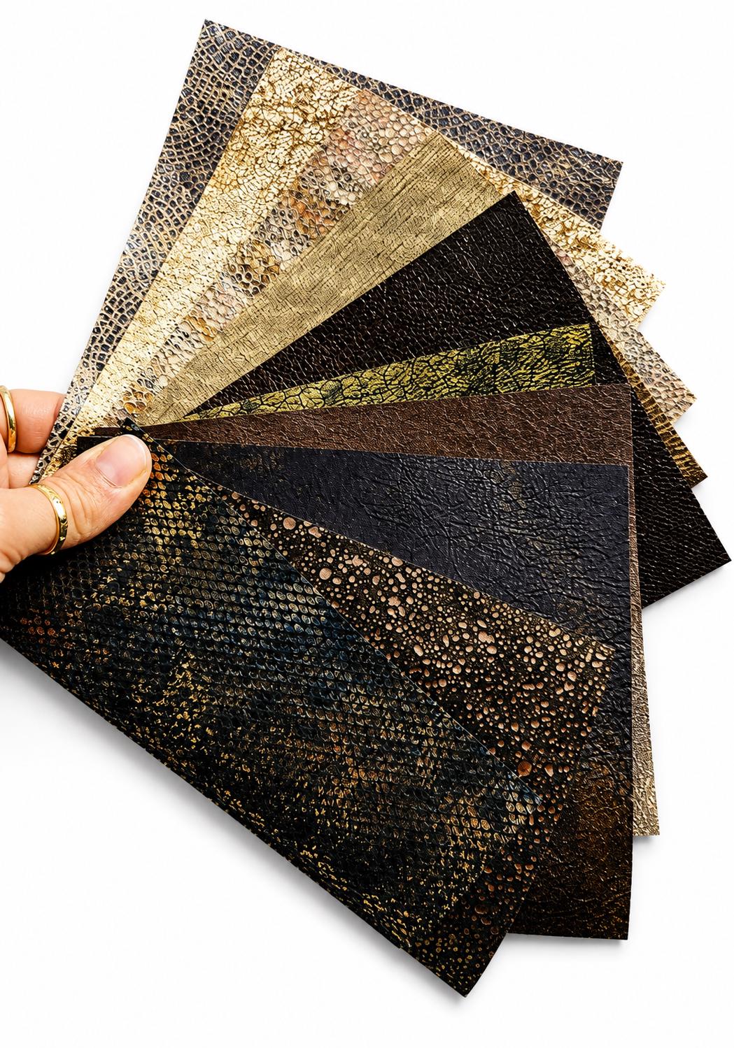 Gold Bronze Leather Scraps, Black and Brown Selected Remnants, Exotic Textures Metallic Prints and Special Finishes as per pictures RT205