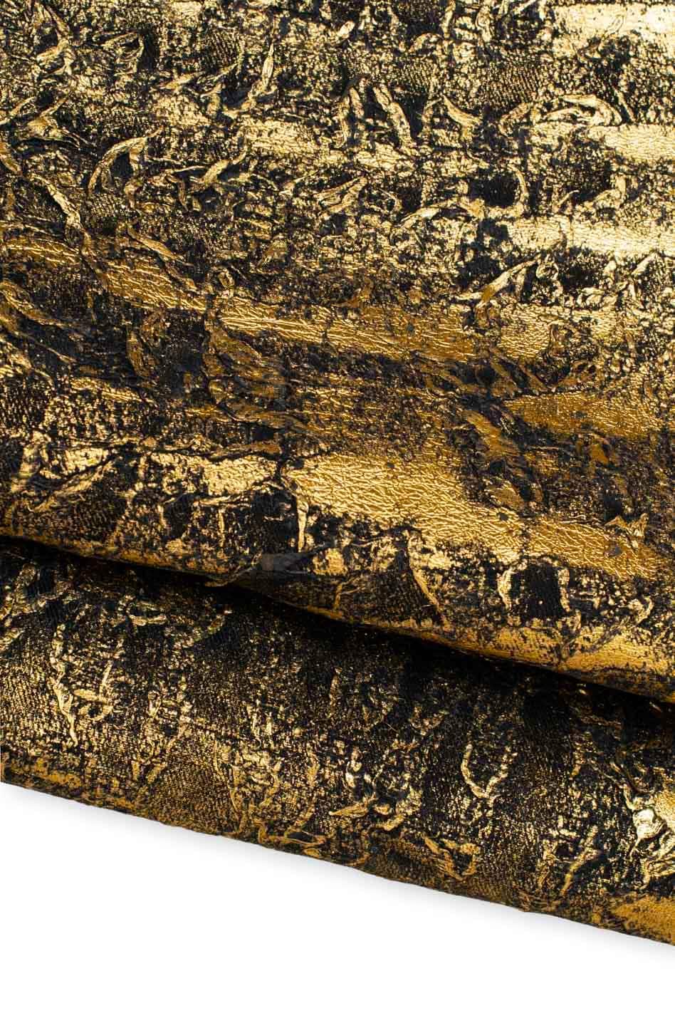 METALLIC textured leather skin, gold REPTILE print on black suede goatskin, glossy soft hide for crafters B19573-MT(st) La Garzarara