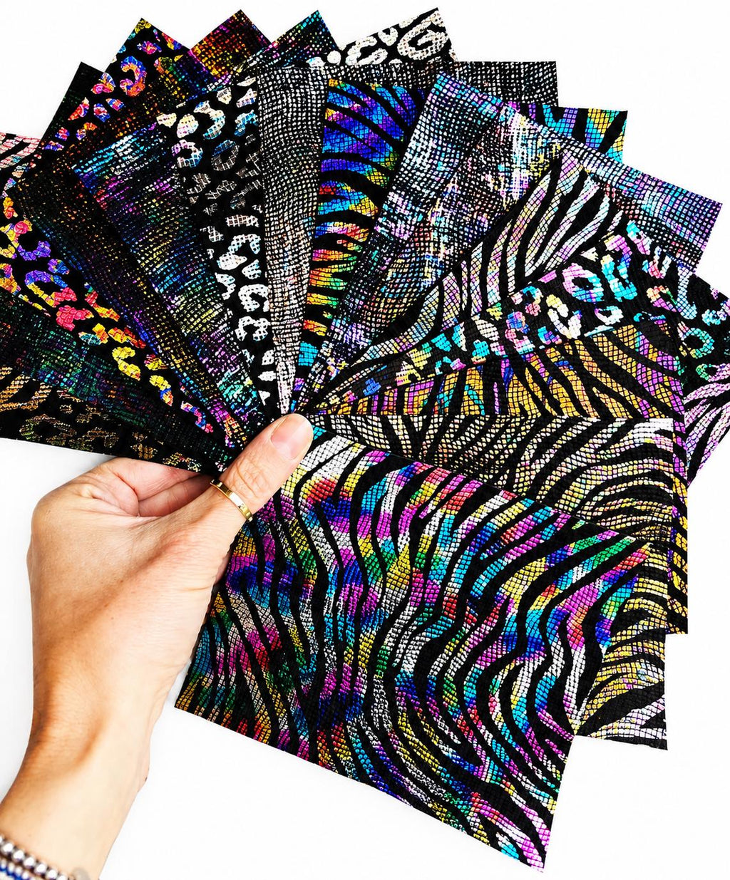 Prismatic Leather Scraps, Holographic Iridescent Offcuts, Rainbow Metallic Animal Print Leather 6x5" / 15x12 cm RT76/B