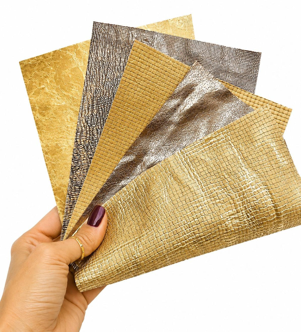 Textured Leather Pieces in Golden Tones, Gold Leather Scraps, Metallic Gold and Champagne Offcuts, RT227