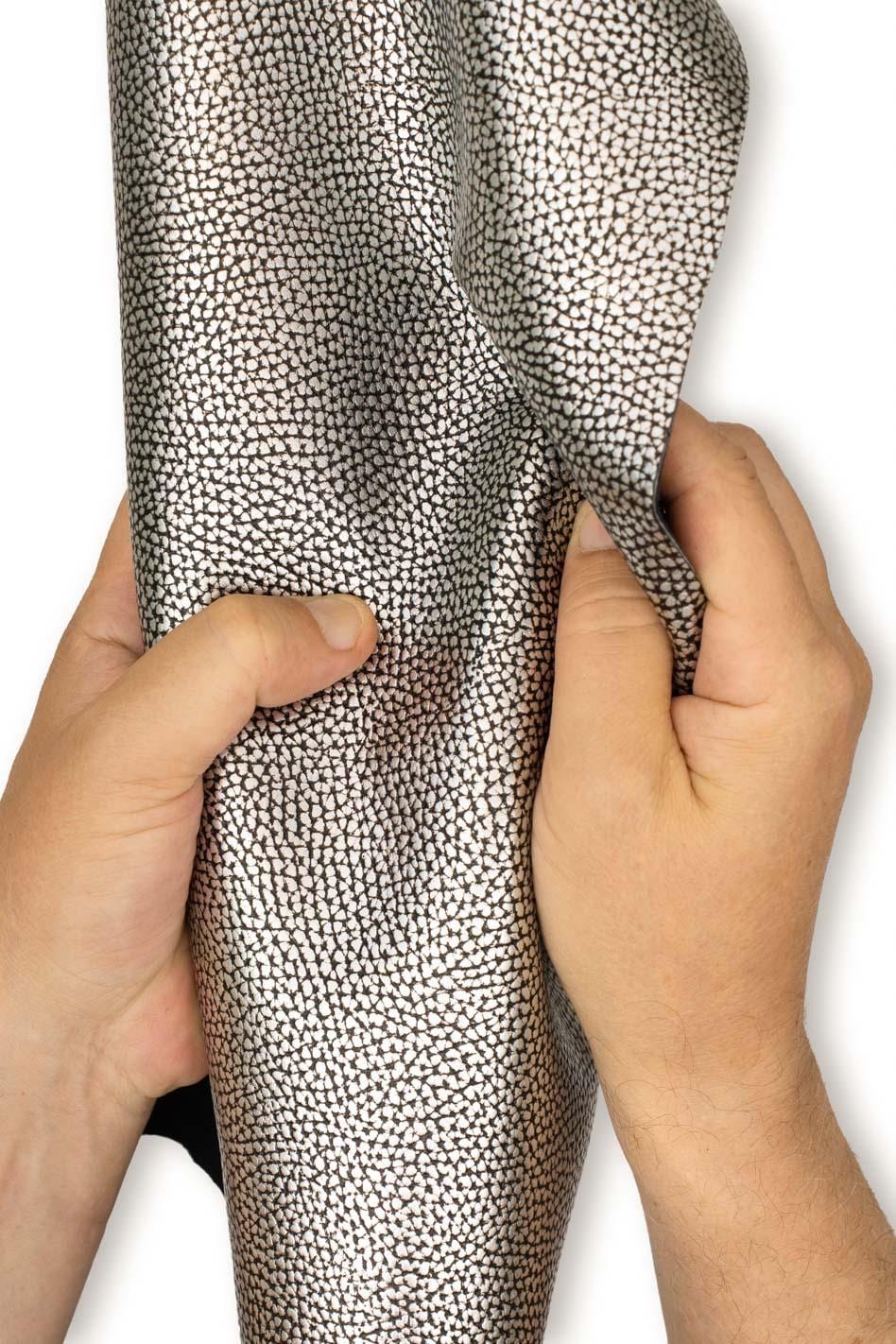 Silver - black PEBBLE GRAIN printed leather hide, metallic sparkle cowhide, tumbled soft bright calfskin B19600-MT(st) La Garzarara