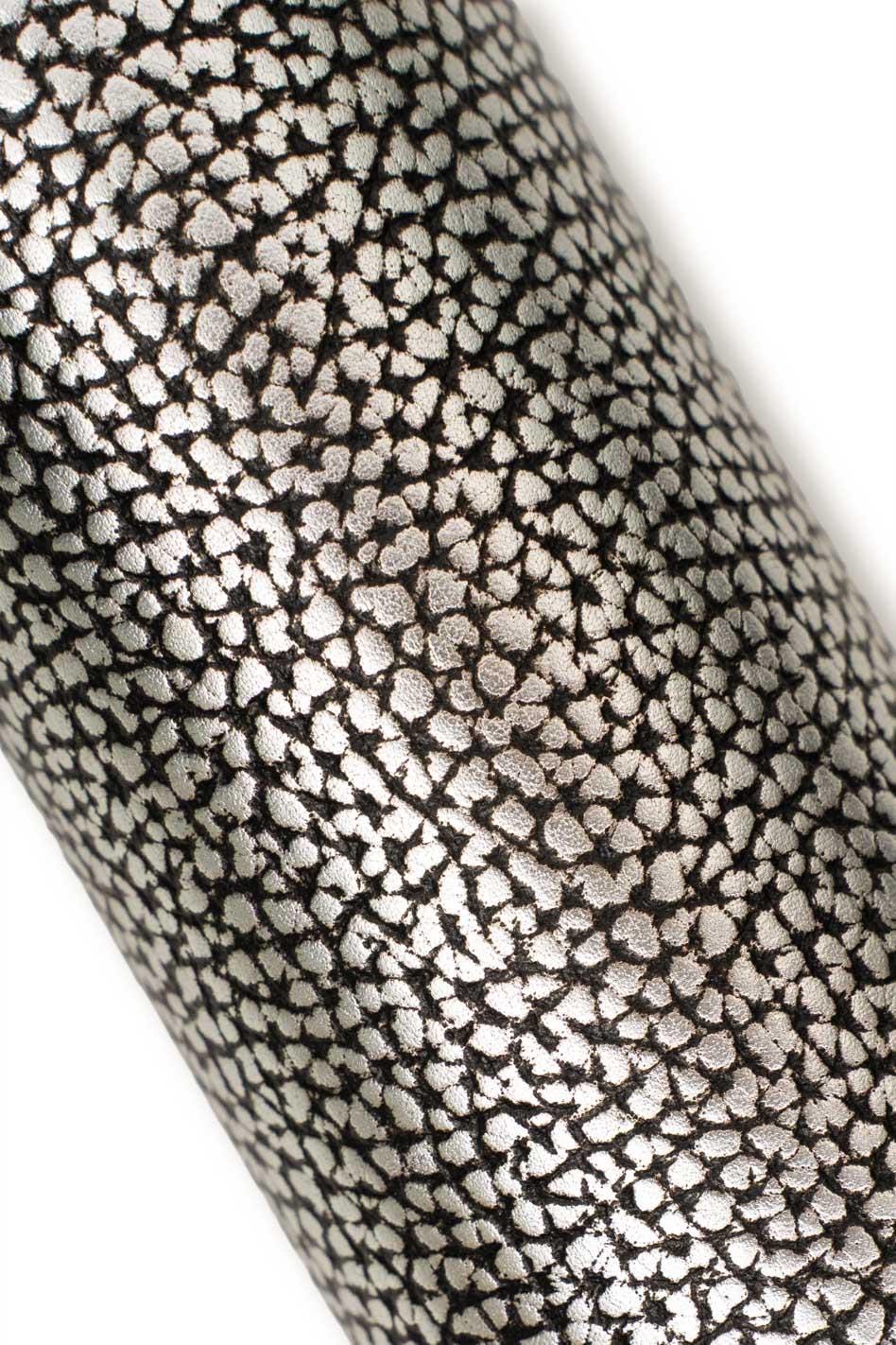 Silver - black PEBBLE GRAIN printed leather hide, metallic sparkle cowhide, tumbled soft bright calfskin B19600-MT(st) La Garzarara