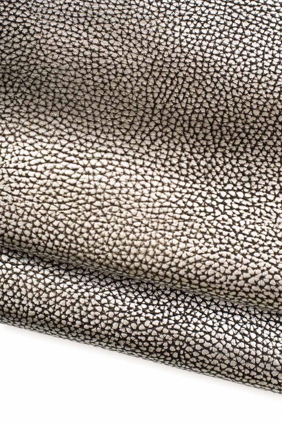 Silver - black PEBBLE GRAIN printed leather hide, metallic sparkle cowhide, tumbled soft bright calfskin B19600-MT(st) La Garzarara