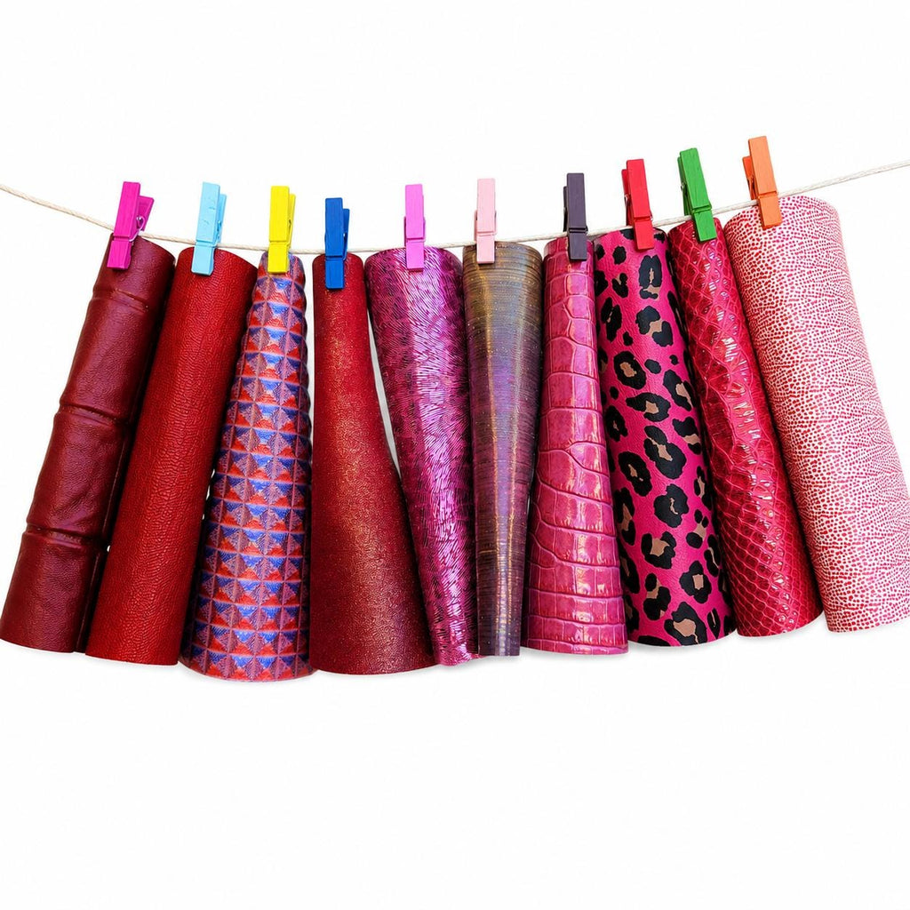 10 Leather Pieces for Crafts, Red Fuchsia Pink Scraps, Small Genuine Leather Offcuts for DIY 6x5" / 15x12 cm RT346