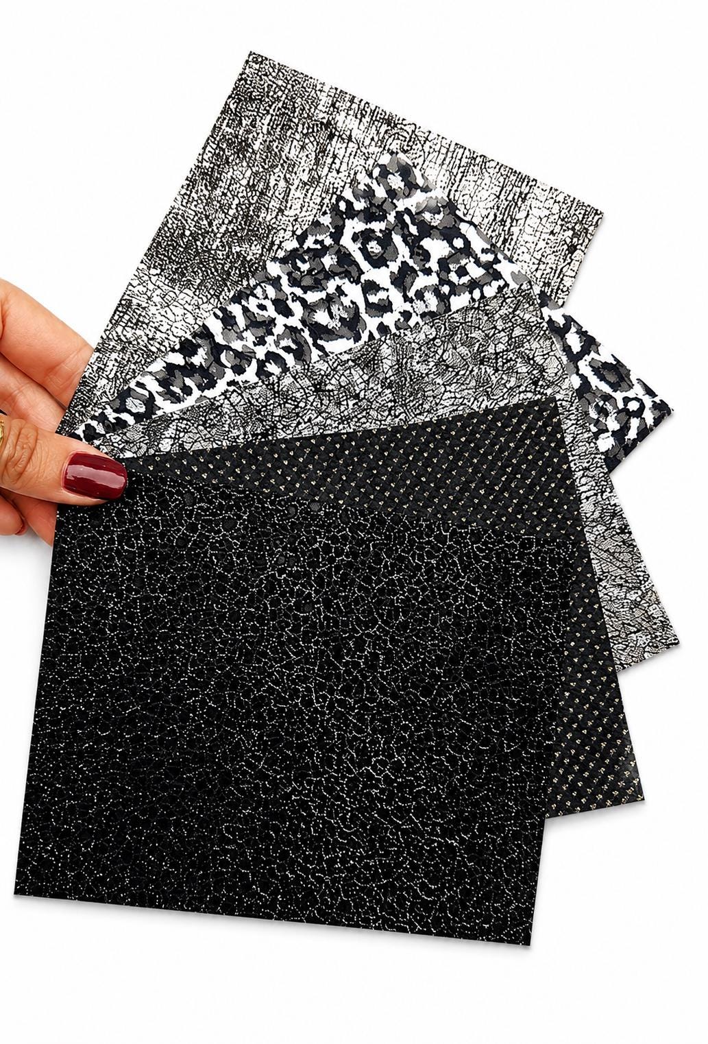 Black and Silver Leather Scraps, Patterned Leather Offcuts, Mixed Texture Craft Leather Pieces RT230 La Garzarara