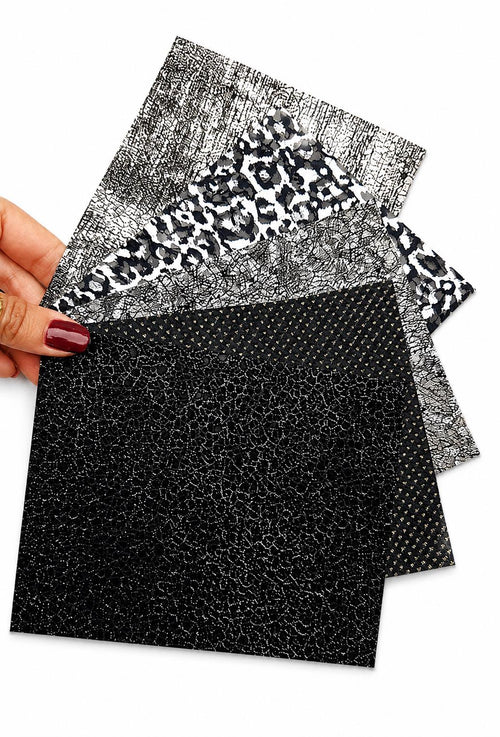 Black and Silver Leather Scraps, Patterned Leather Offcuts, Mixed Texture Craft Leather Pieces RT230 La Garzarara