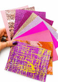 Fuchsia and Pink Leather Remnants, Lilac Gold Metallic Offcuts, Fancy Printed and Textured Pieces RT271