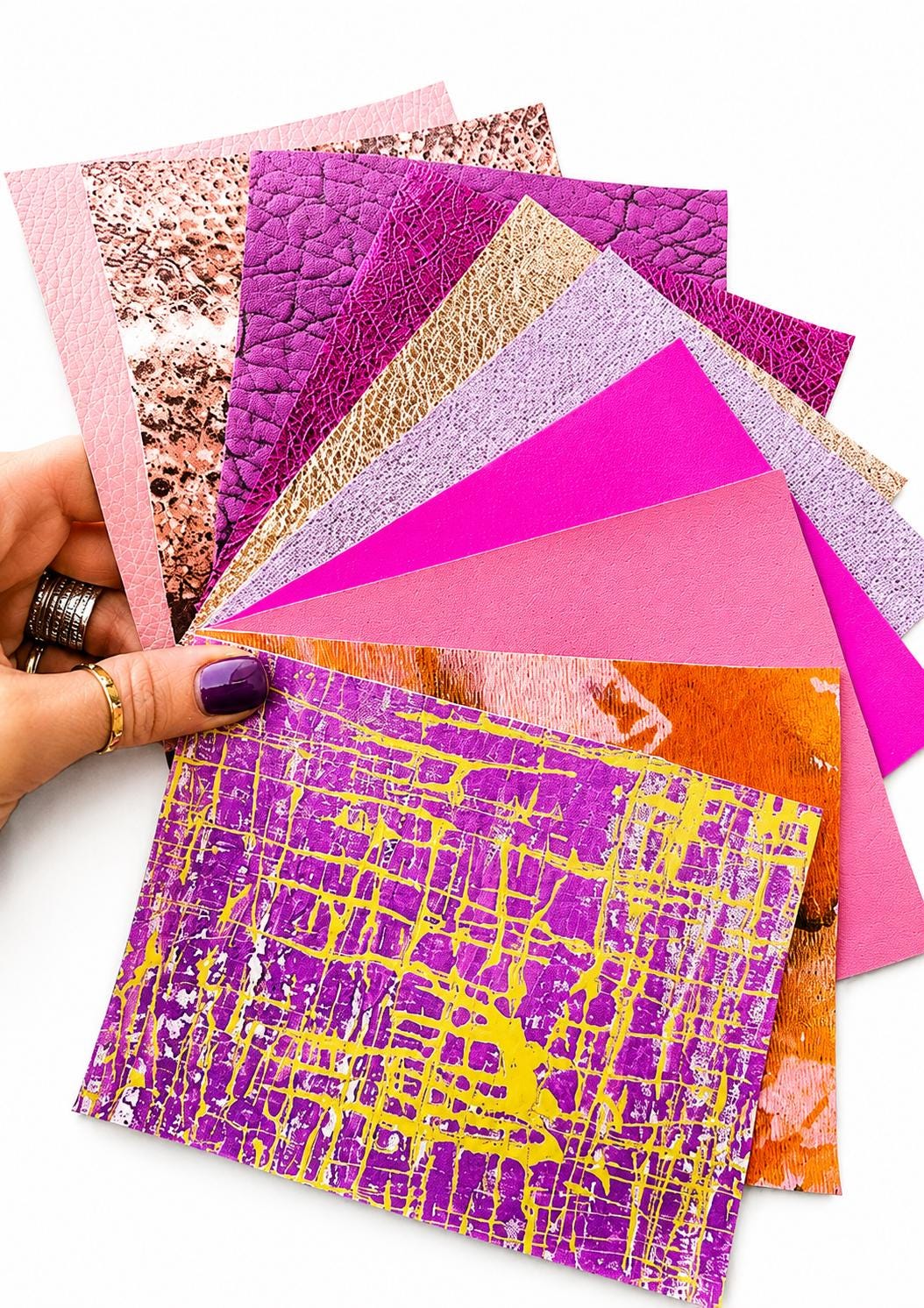 Fuchsia and Pink Leather Remnants, Lilac Gold Metallic Offcuts, Fancy Printed and Textured Pieces RT271