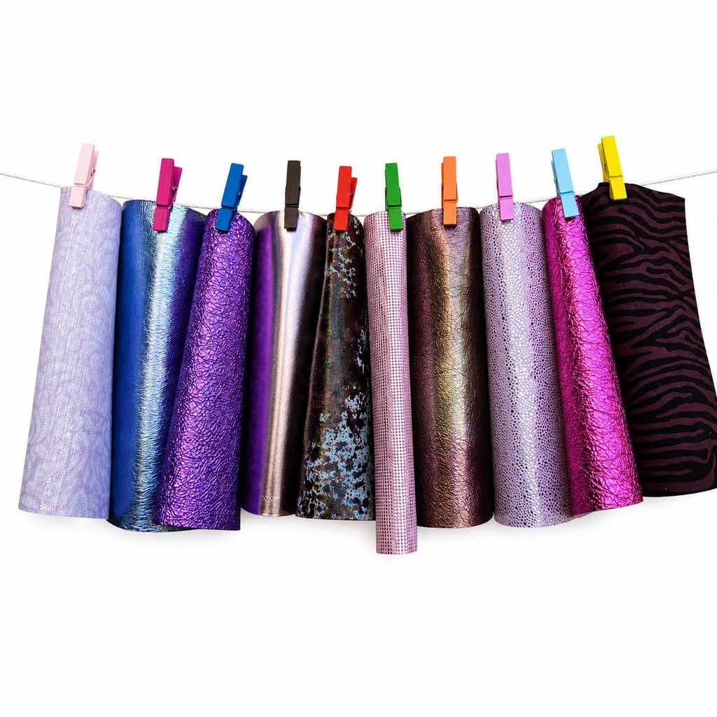 10 Shiny Leather Pieces, Metallic Purple Pink Leather Scraps, Textured Craft Leather Mix 6x5" / 15x12 cm RT350