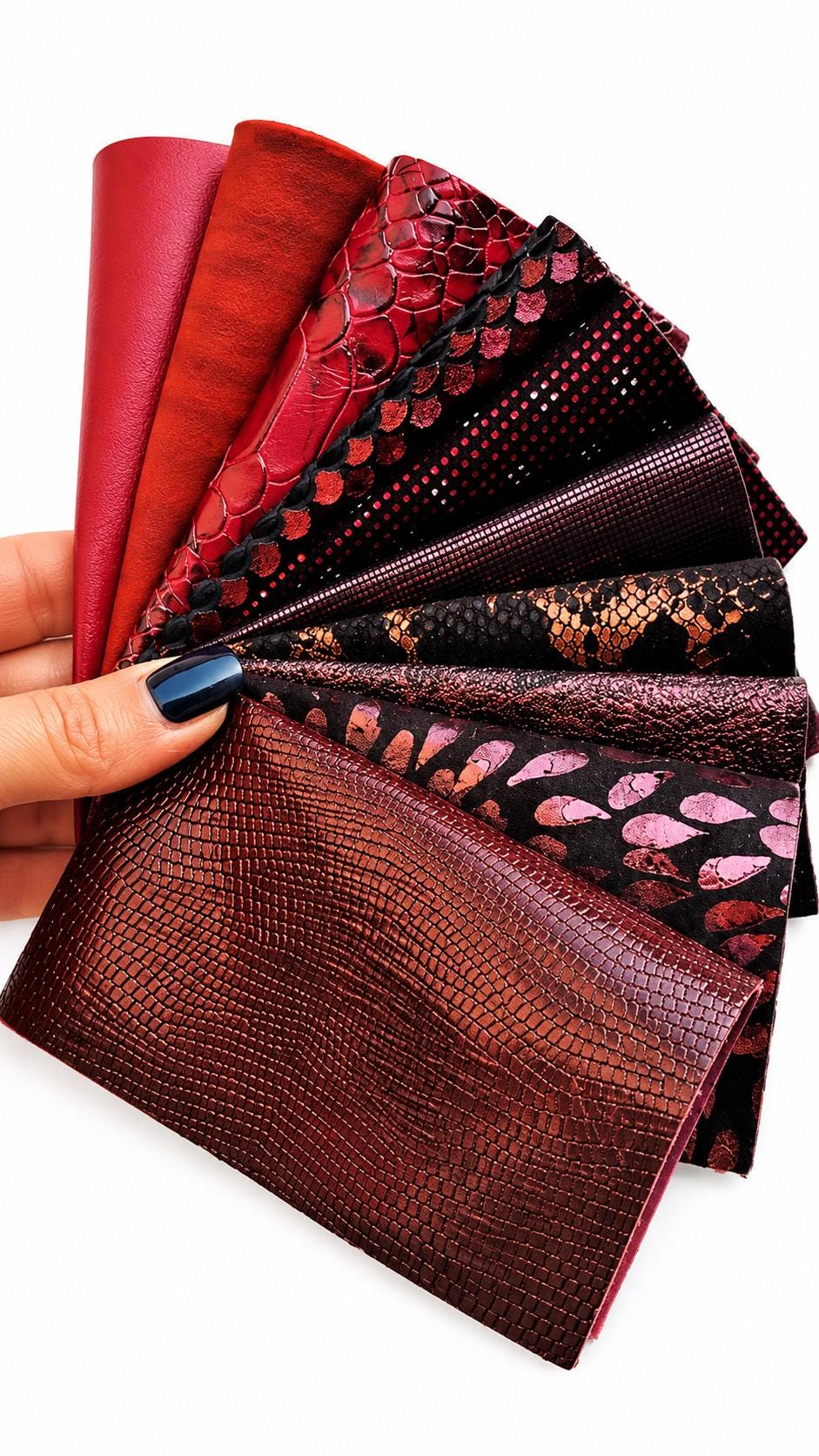 Burgundy Leather Scraps, Red Black Bronze Leather Offcuts, Reptile Metallic Pieces for Earrings and Crafts R100 La Garzarara