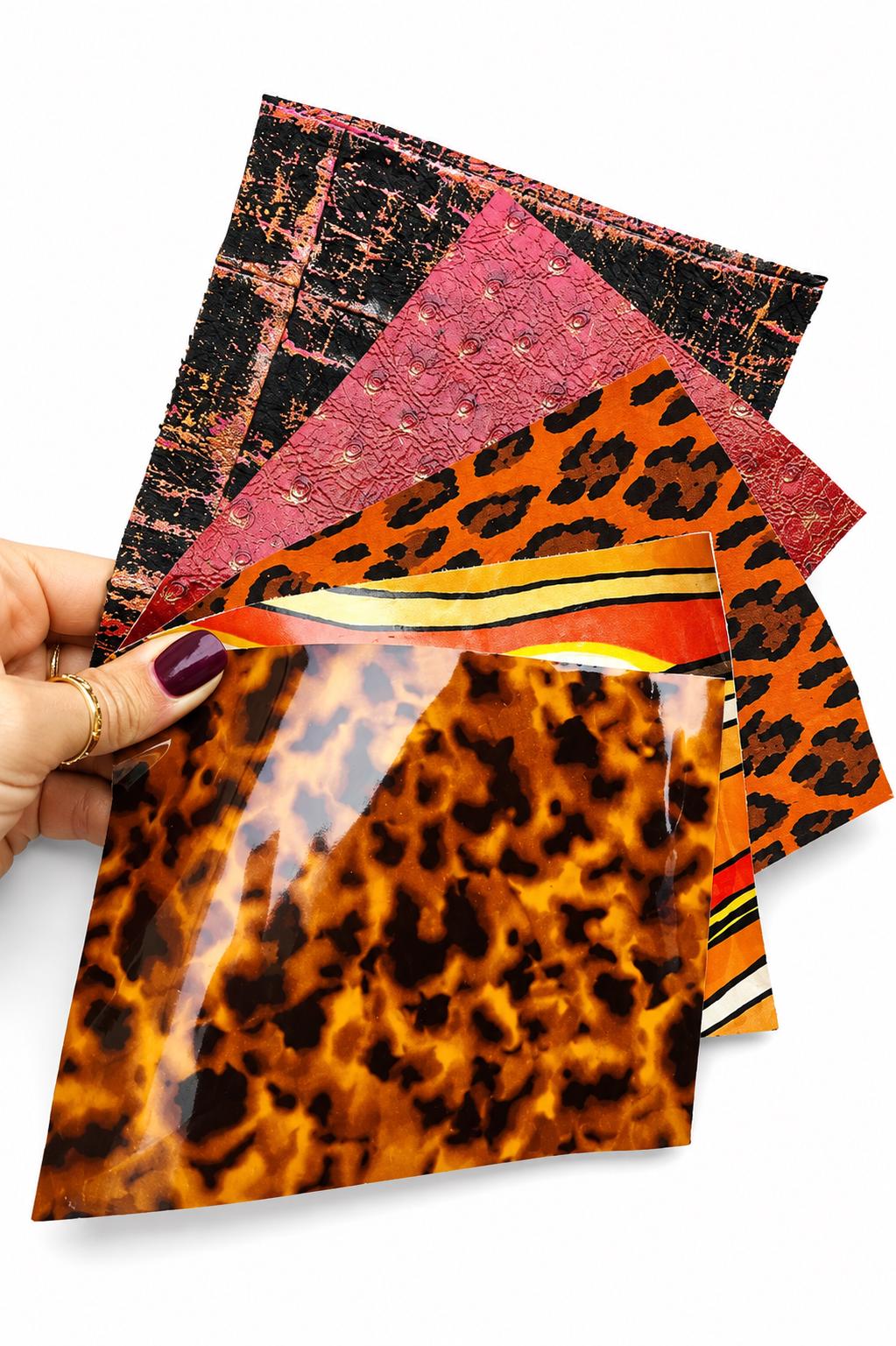 Wild Print Leather Offcuts, Leopard Orange Red Scraps, Glossy Textured Remnants for DIY Crafts RT226