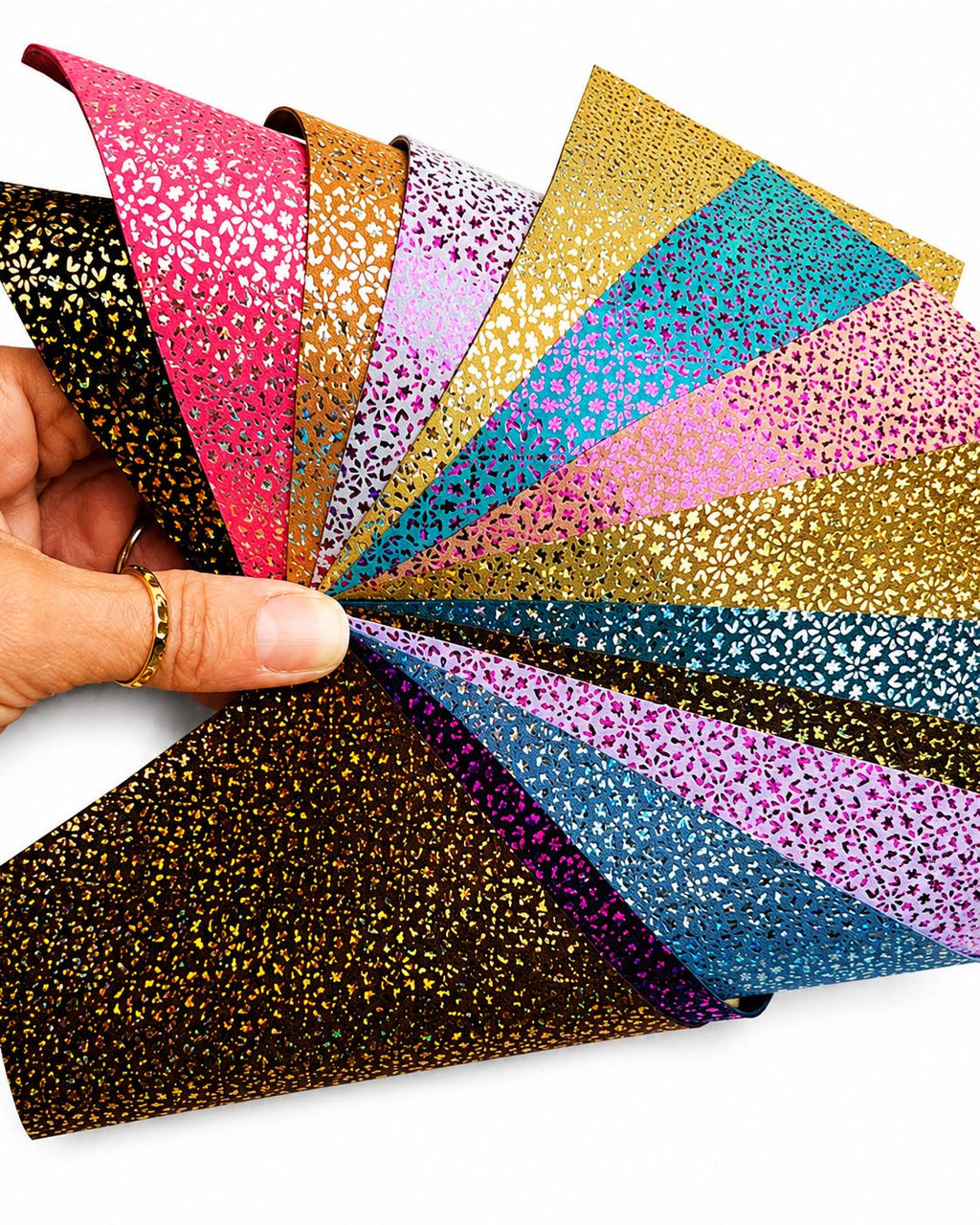 Metallic Glitter Leather scraps, Micro FLOWER Printed Offcuts, 10 random iridescent pieces 6x5" / 12x15 cm RT264