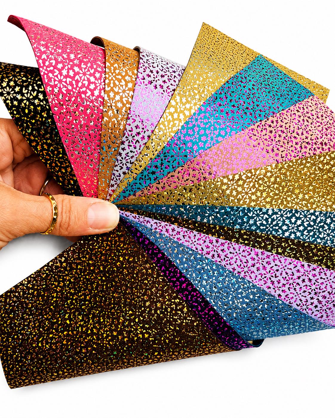 Metallic Glitter Leather scraps, Micro FLOWER Printed Offcuts, 10 random iridescent pieces 6x5" / 12x15 cm RT264