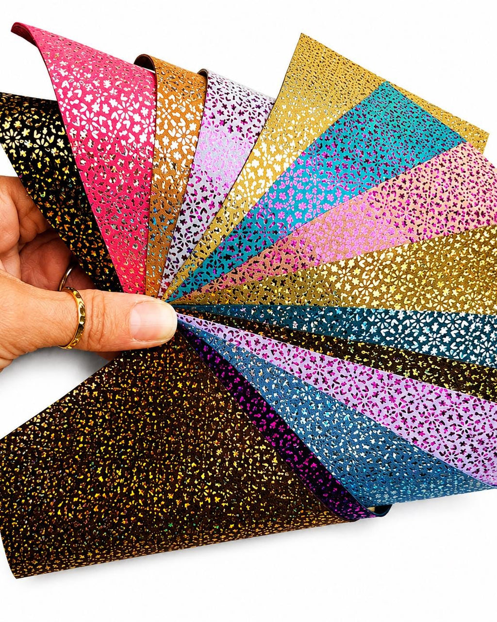 Metallic Glitter Leather scraps, Micro FLOWER Printed Offcuts, 10 random iridescent pieces 6x5" / 12x15 cm RT264