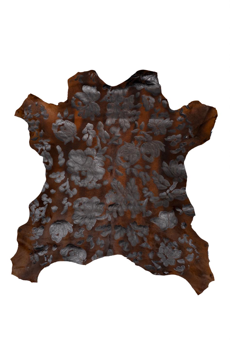 FLORAL textured hair on leather hide, black flower print on brown PONY calfskin, soft hairy cowhide for crafters B19691-CV La Garzarara