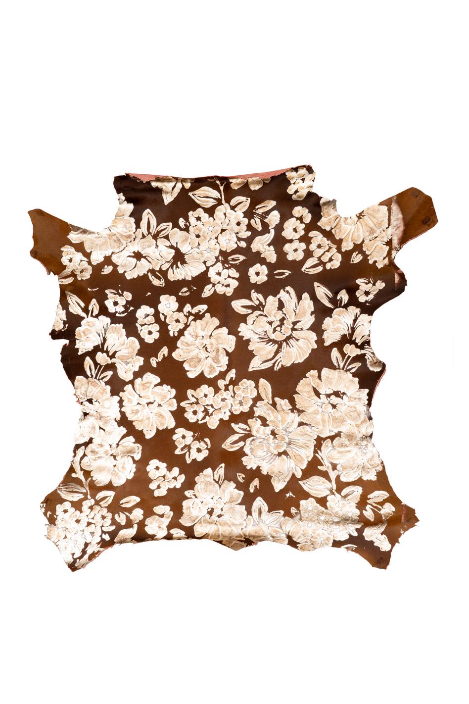 FLORAL textured hair on leather hide, light gold flower print on brown PONY calfskin, soft hairy cowhide for crafters B19690-CV LaGarzarara