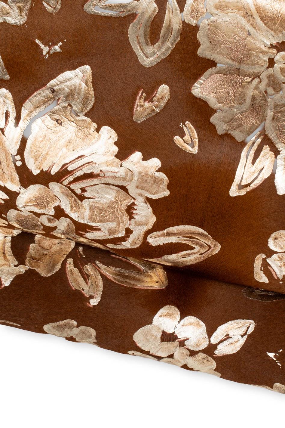 FLORAL textured hair on leather hide, light gold flower print on brown PONY calfskin, soft hairy cowhide for crafters B19690-CV LaGarzarara